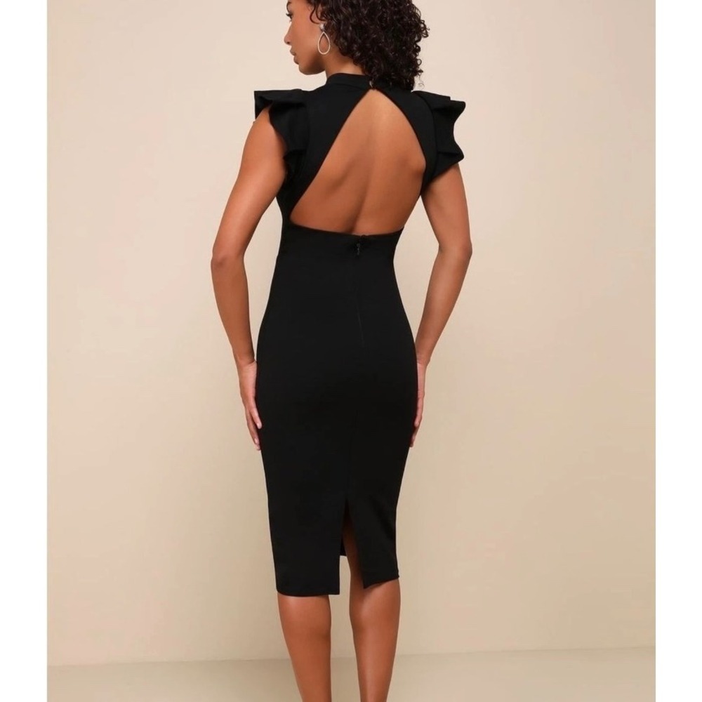 Lulus Stylish Splendor Black Backless Ruffle Bodycon Midi Dress Keyhole XL LBD